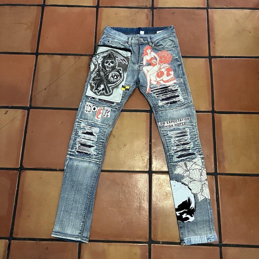 Custom‎ Patched H&M Divided Skinny Jeans Punk Skull Streetwear Size 29x32